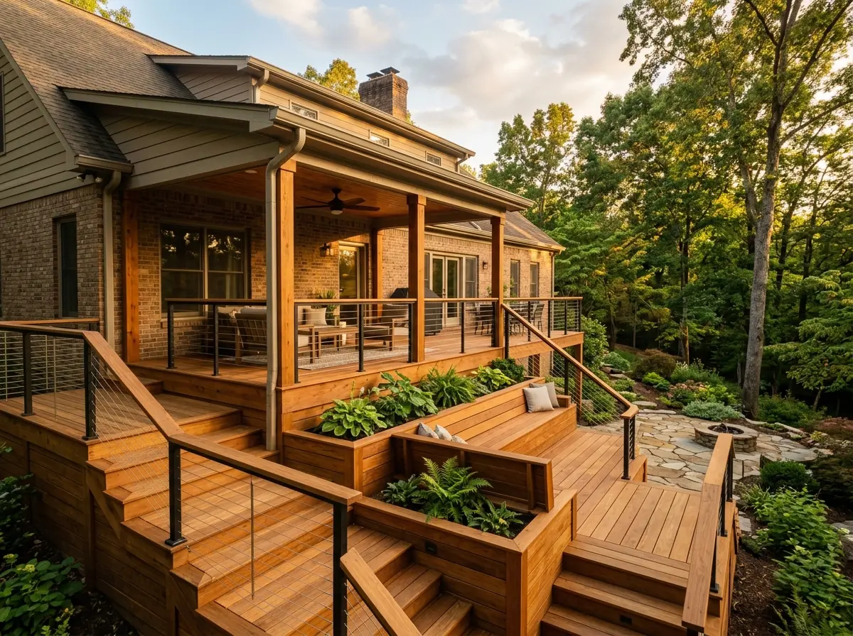Custom multi-level cedar deck at golden hour