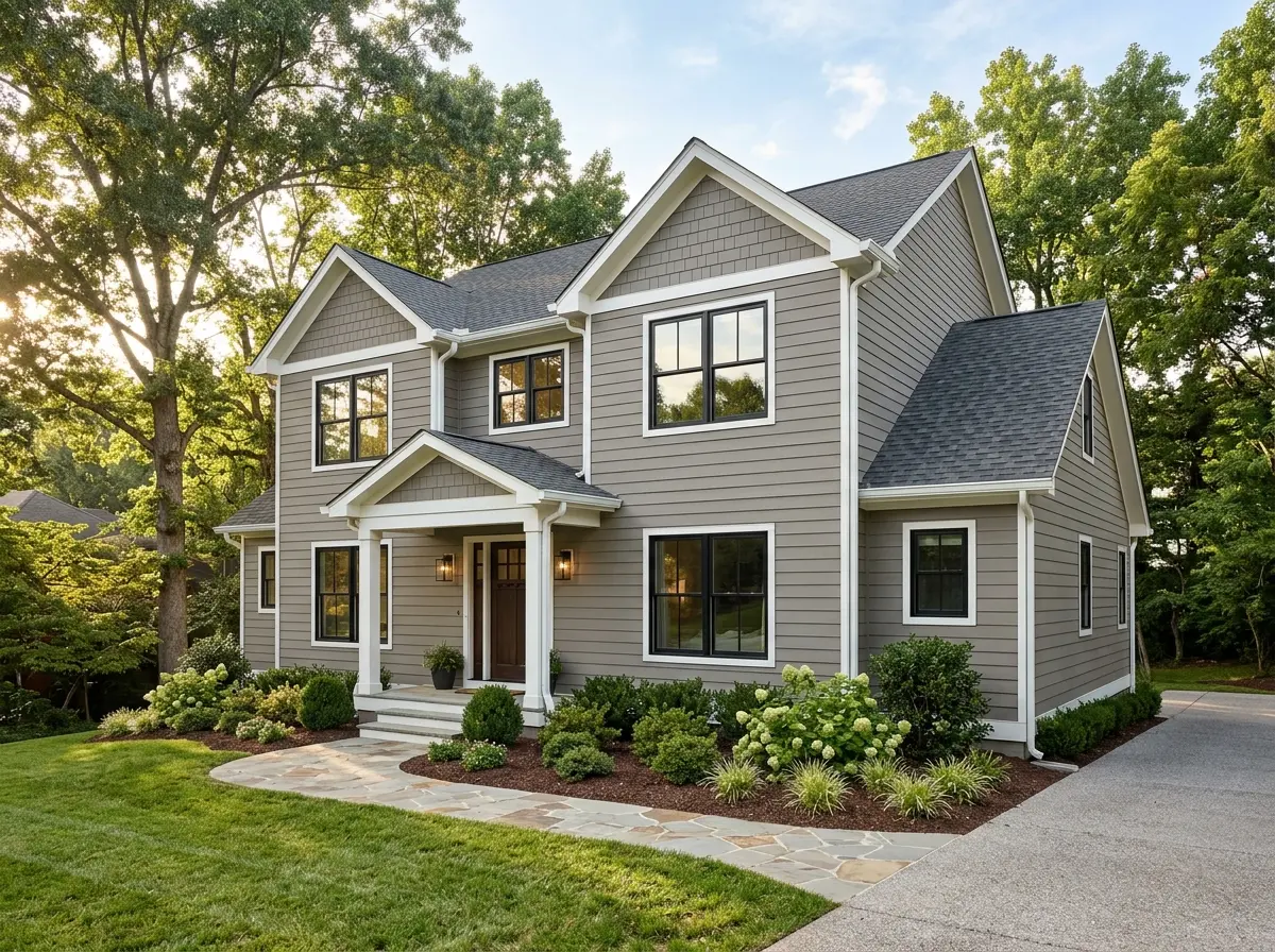 Home exterior with new siding, windows, and roof