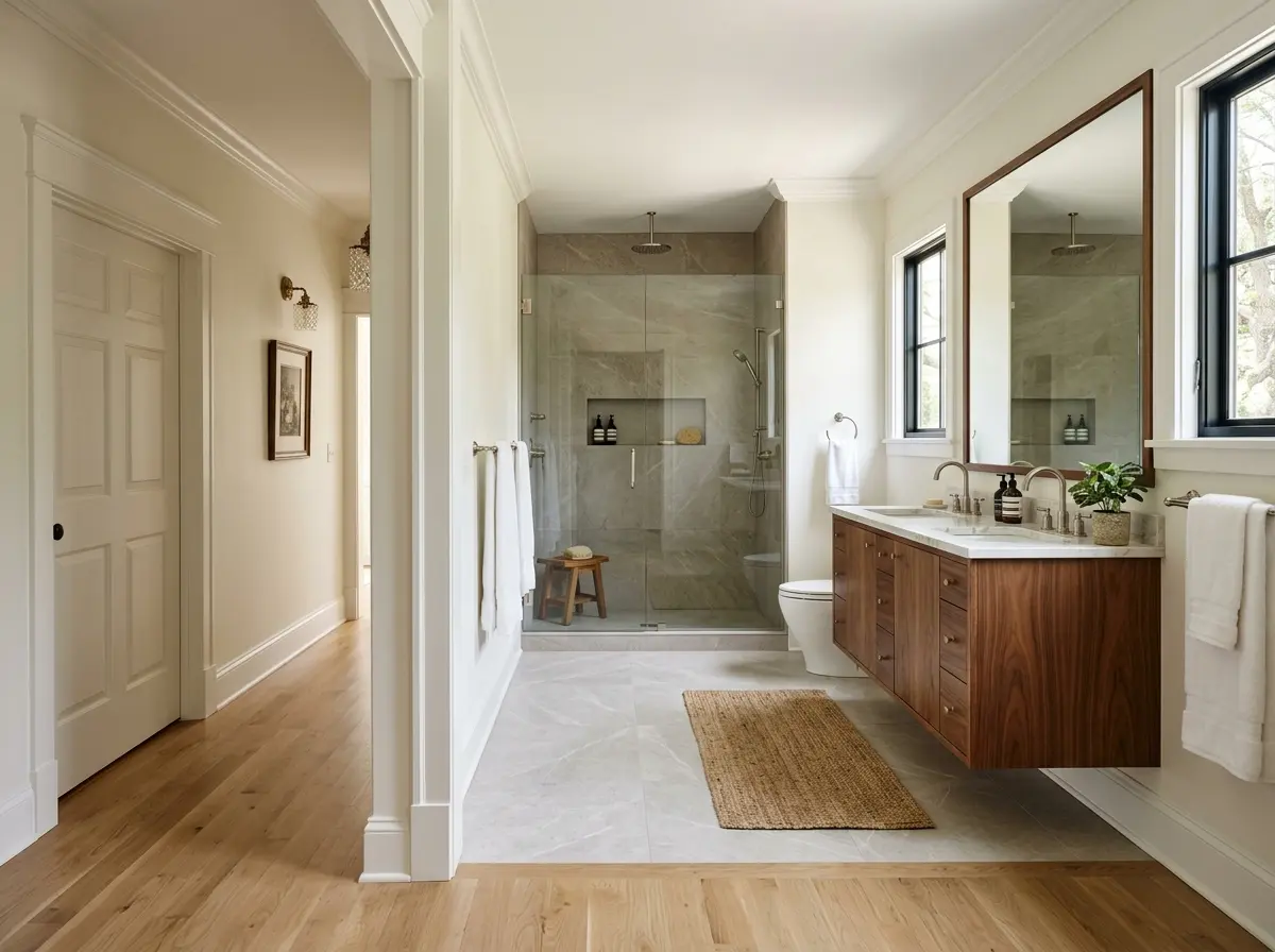 Finished bathroom with tile, walnut vanity, and hardwood