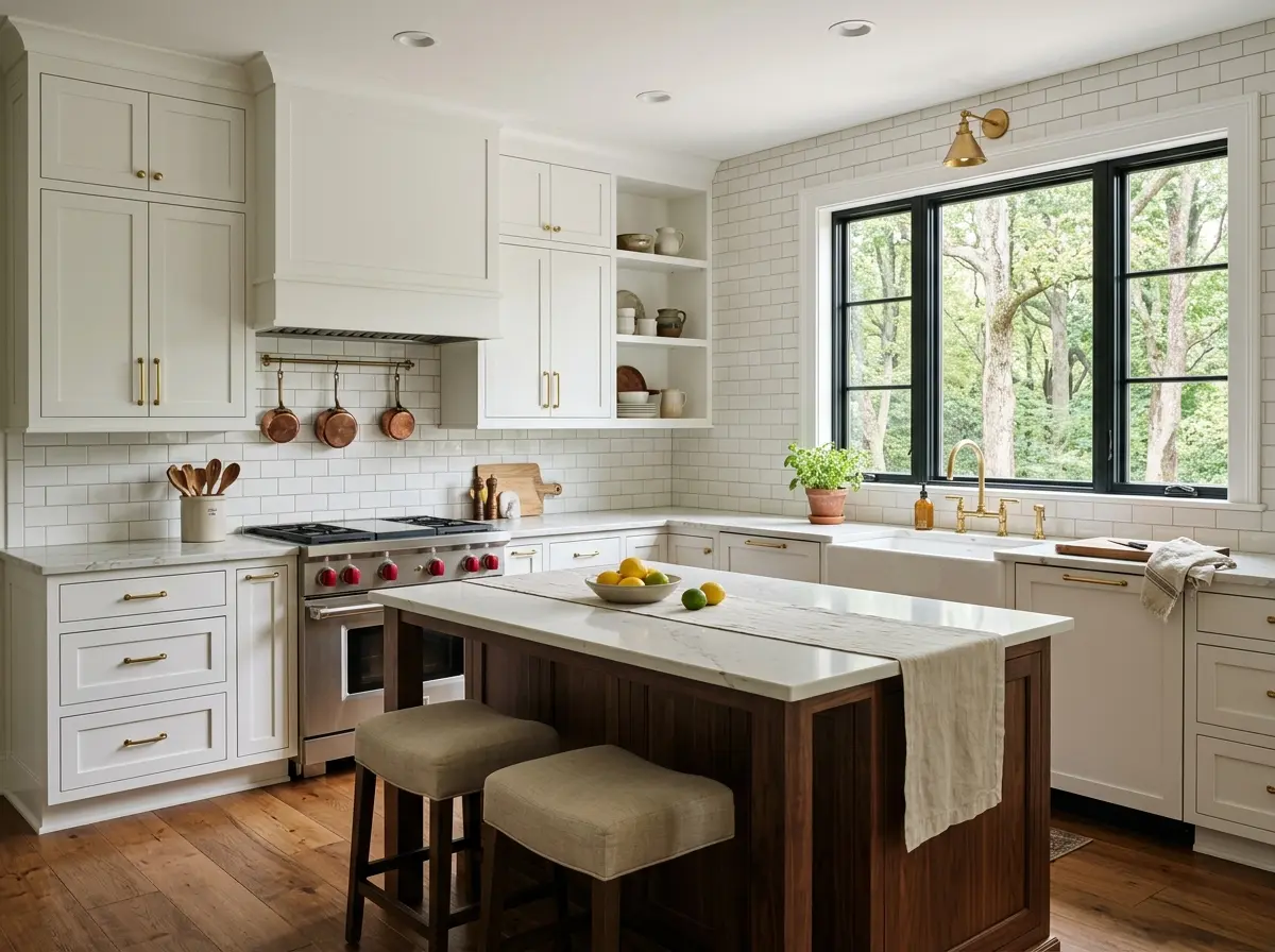 Remodeled kitchen with walnut island and white cabinets