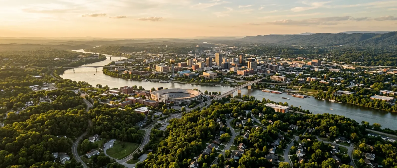 Aerial view of Knoxville and the Tennessee River valley